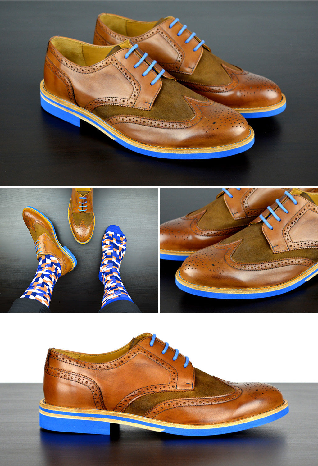 Mens Brown & Blue Leather Wingtip Dress Shoes - Size 10