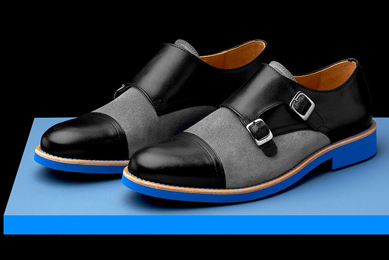 Mens Black & Blue Leather Double Monk Strap Dress Shoes - Size 12