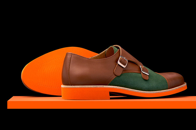 Mens Brown & Green Leather Double Monk Strap Dress Shoes - Size 12