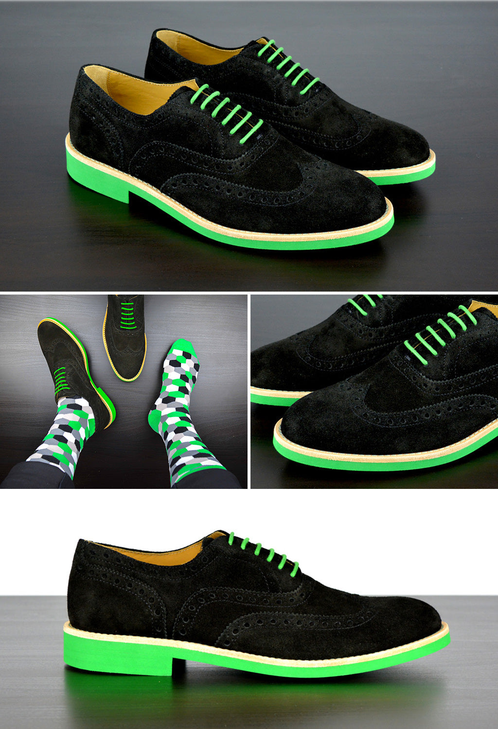 Mens Black & Green Suede Wingtip Dress Shoes - Size 12